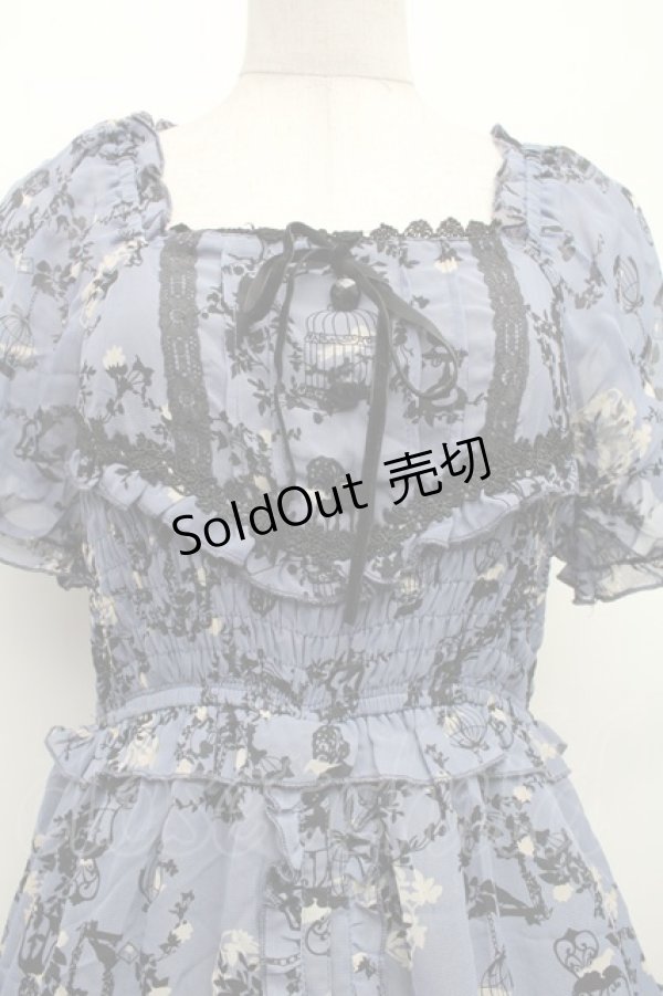 画像3: axes femme / バードケージ柄シフォンシャーリングワンピース  ブルー S-26-02-09-036-AX-OP-HR-ZS (3)