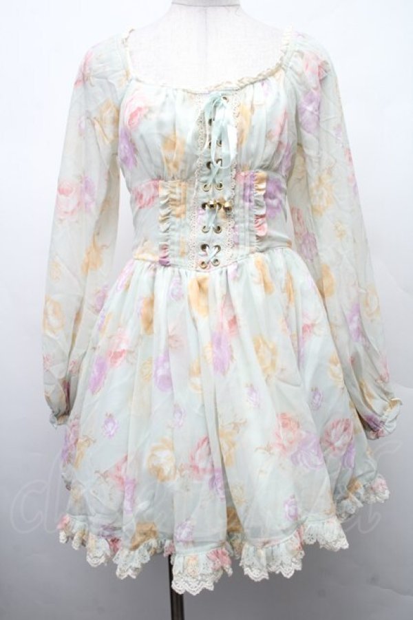 画像1: LIZ LISA / フロント編み上げローズ柄ワンピース  ミント S-26-02-09-043-LO-OP-HR-ZS (1)