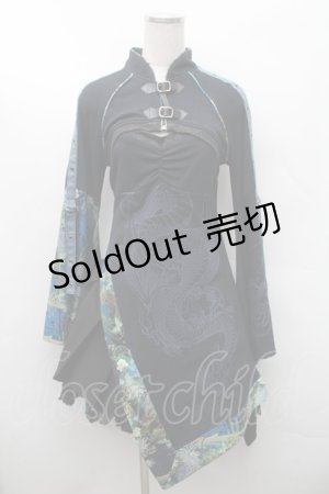 画像: Qutie Frash / 龍ptレイヤード風和柄チュニックワンピース  黒ｘブルー S-26-02-11-056-QU-OP-HR-ZS