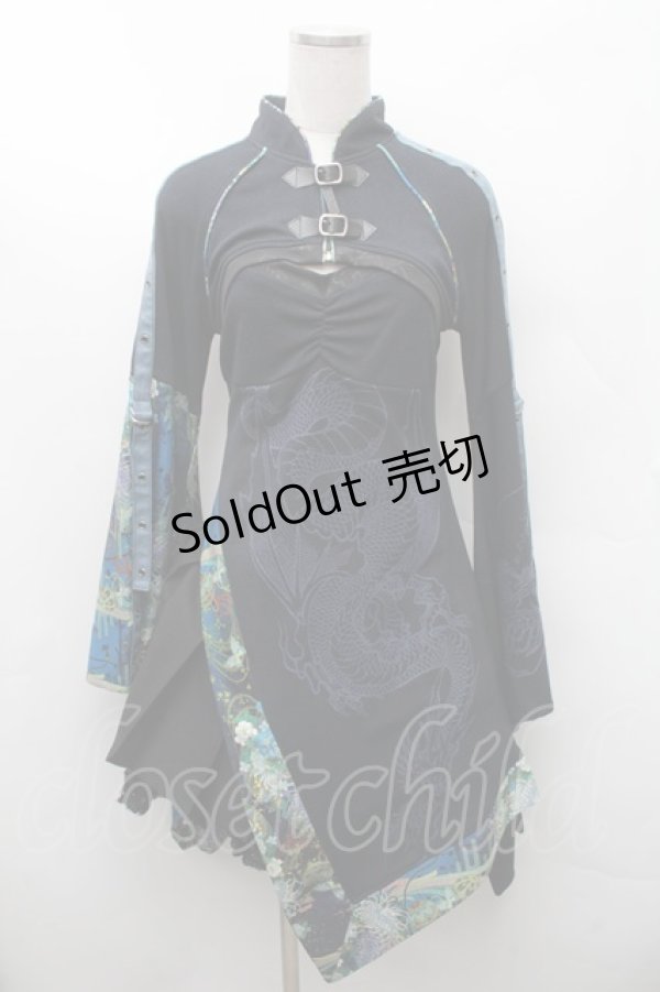 画像1: Qutie Frash / 龍ptレイヤード風和柄チュニックワンピース  黒ｘブルー S-26-02-11-056-QU-OP-HR-ZS (1)