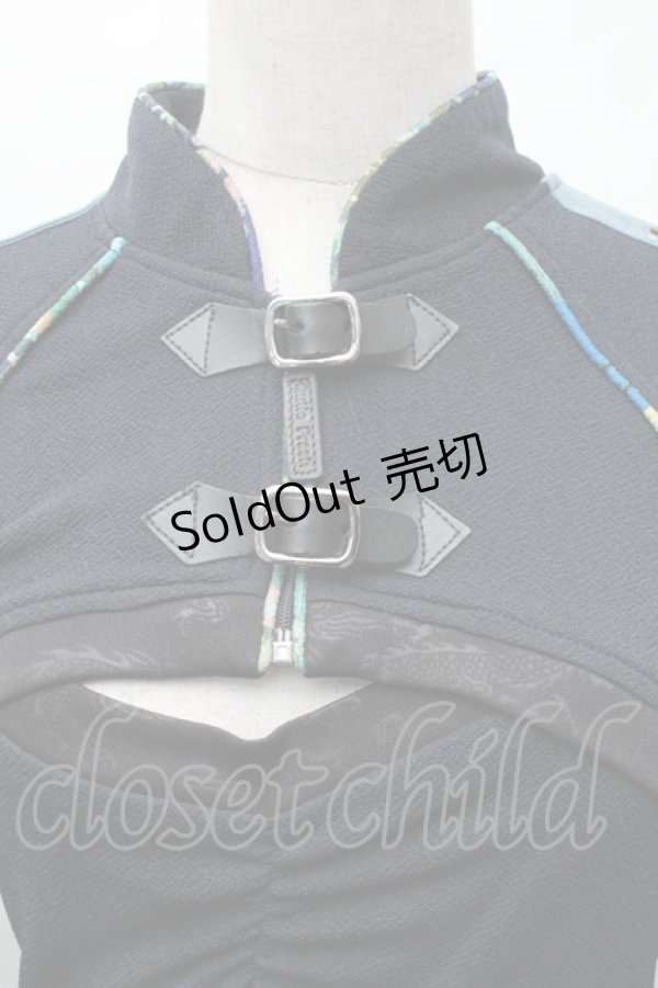 画像3: Qutie Frash / 龍ptレイヤード風和柄チュニックワンピース  黒ｘブルー S-26-02-11-056-QU-OP-HR-ZS (3)