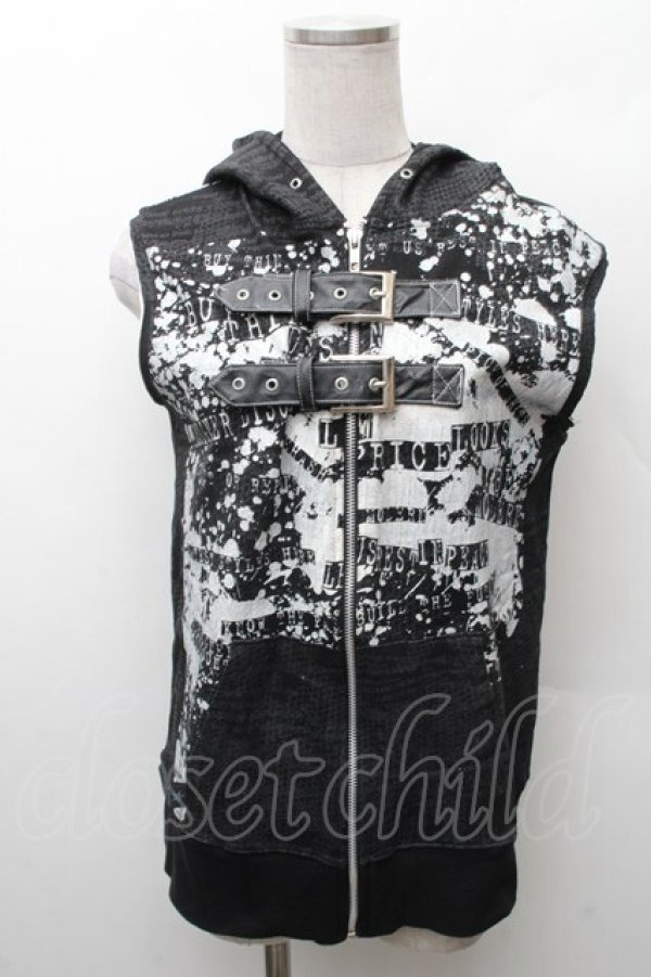 画像1: h.NAOTO / プリントノースリーブフードZIPパーカー  黒 S-26-02-11-031-HN-OP-HR-ZS (1)