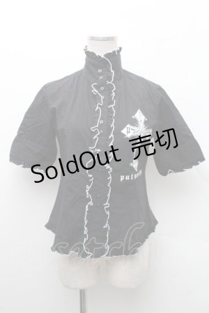 画像: PUTUMAYO / 立ち襟クロスプリント半袖ブラウス  黒ｘ白 S-26-02-11-038-PT-BL-HR-ZS