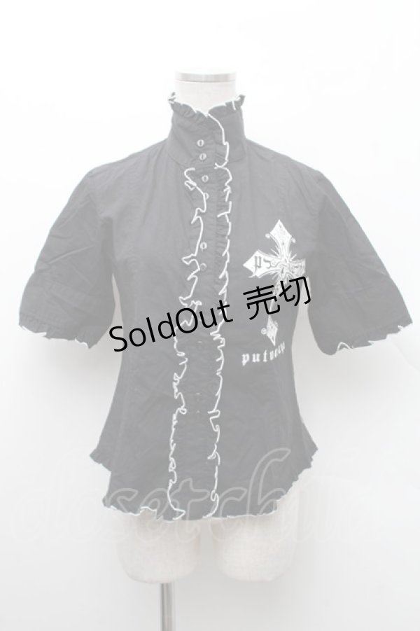 画像1: PUTUMAYO / 立ち襟クロスプリント半袖ブラウス  黒ｘ白 S-26-02-11-038-PT-BL-HR-ZS (1)