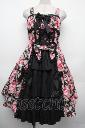 画像: BABY,THE STARS SHINE BRIGHT / シュガーブーケ〜永遠の乙女の憧れ〜柄ジャンパースカートIII  黒ｘピンク S-26-02-15-042-BA-OP-HR-ZS