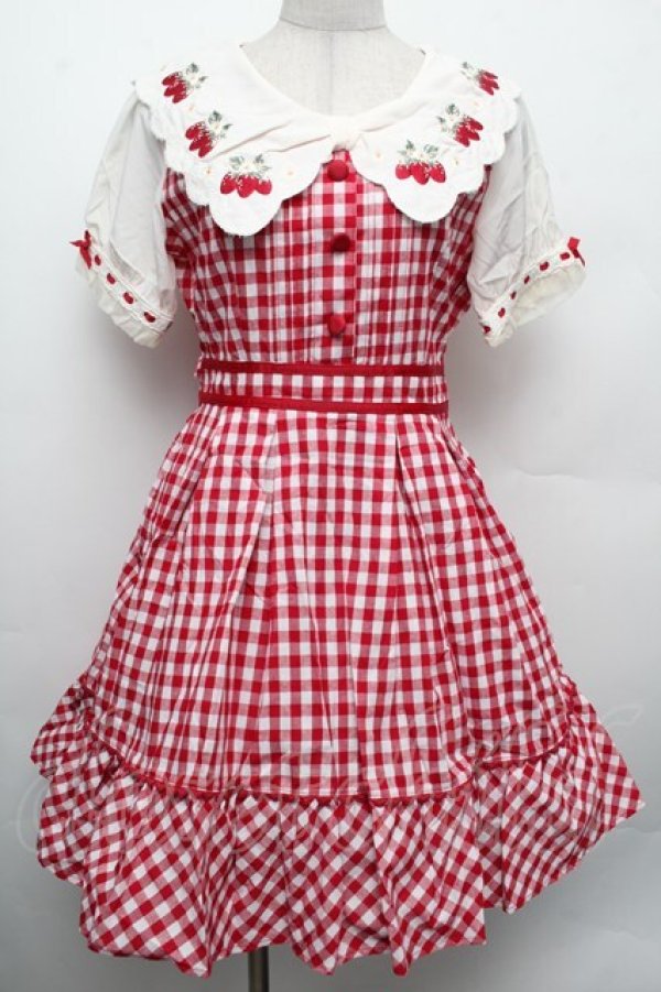 画像1: LIZ LISA / ストロベリーレースギンガムワンピース  赤Ｘ白 S-26-02-15-038-LO-OP-AS-ZS (1)