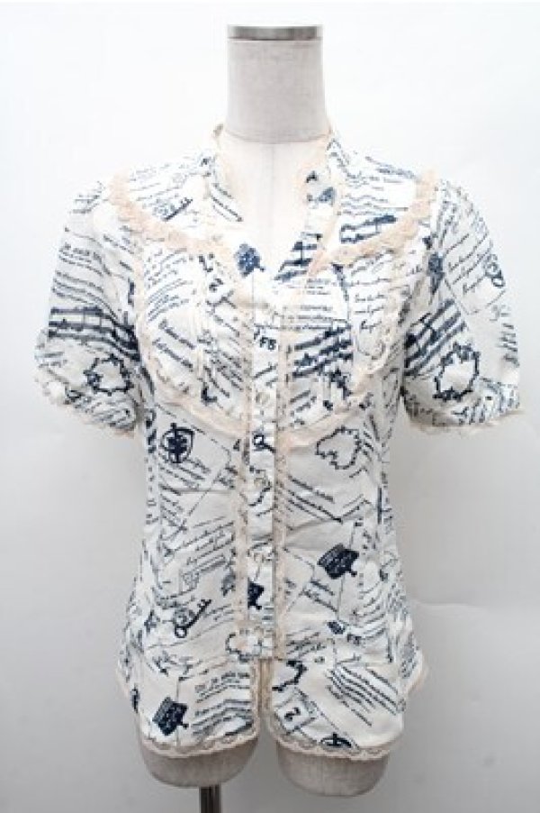 画像1: axes femme / アンティーク柄ブラウス  オフｘ紺 S-26-02-17-013-AX-BL-AS-ZS (1)