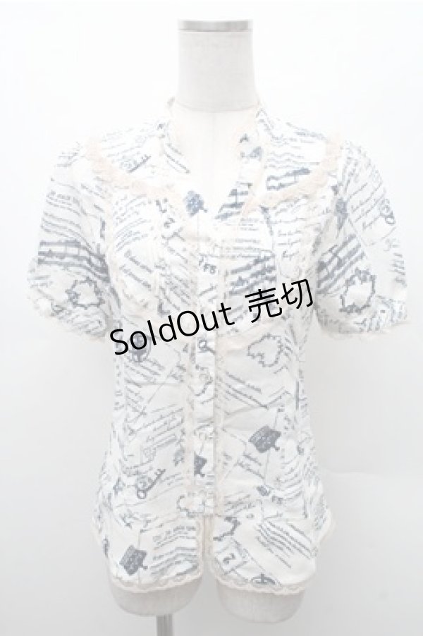 画像1: axes femme / アンティーク柄ブラウス  オフｘ紺 S-26-02-17-013-AX-BL-AS-ZS (1)