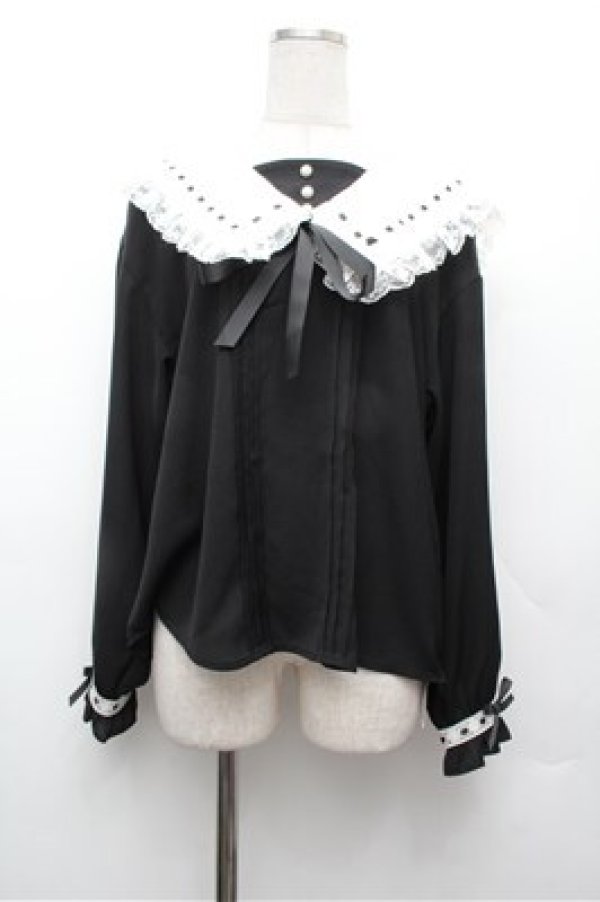 画像1: Secret Honey / フリル襟ブラウス  黒ｘ白 S-26-02-20-035-CA-TS-AS-ZS (1)