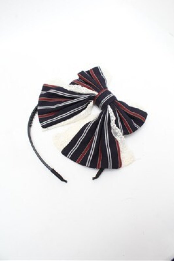 画像2: Pina sweetcollection / ストライプリボンカチューシャ  紺 S-26-02-22-018-LO-SK-AS-ZS (2)