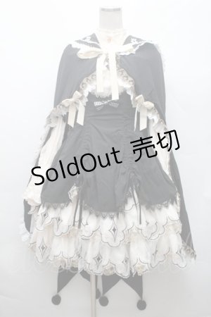 画像: 中国ロリータ / 裾レースシャーリングジャンパースカートセット  黒ｘ白ｘキナリ S-26-02-28-044-LO-BL-HR-ZS