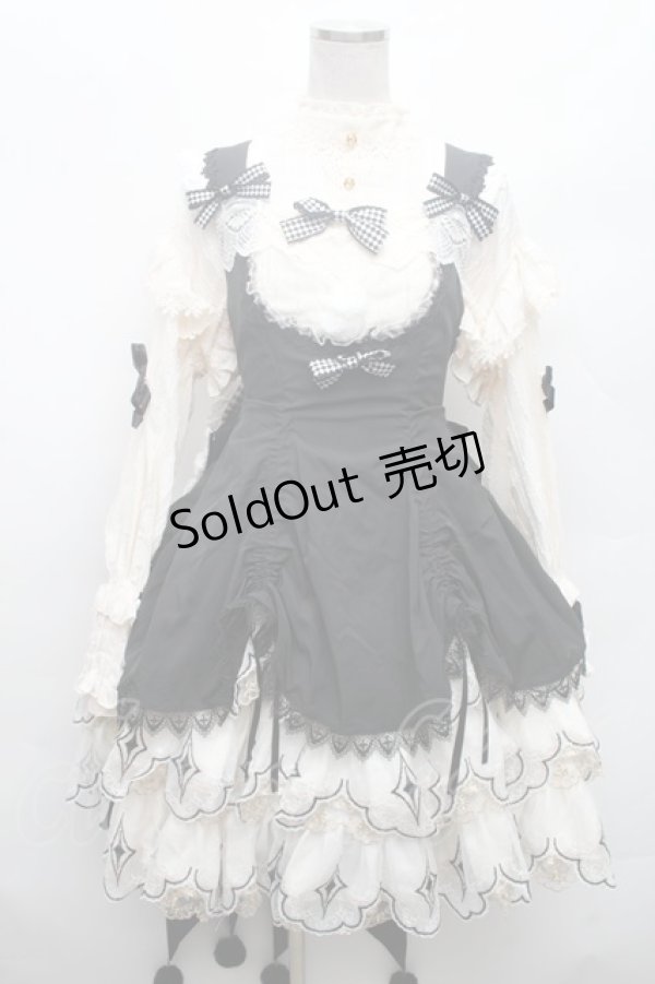 画像3: 中国ロリータ / 裾レースシャーリングジャンパースカートセット  黒ｘ白ｘキナリ S-26-02-28-044-LO-BL-HR-ZS (3)