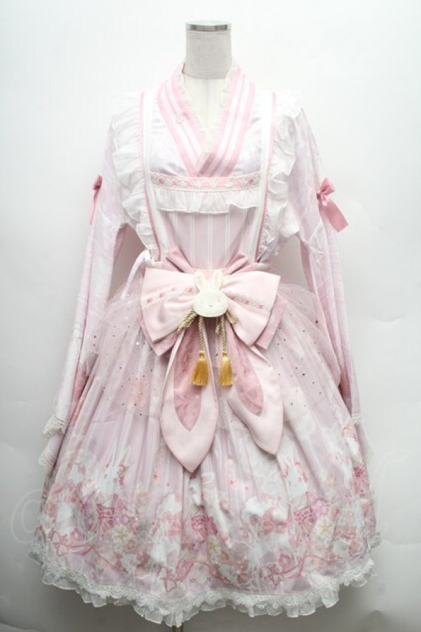 画像1: 中国ロリータ / うさぎプリントジャンパースカートセット  ピンク S-26-02-28-047-LO-OP-HR-ZS (1)