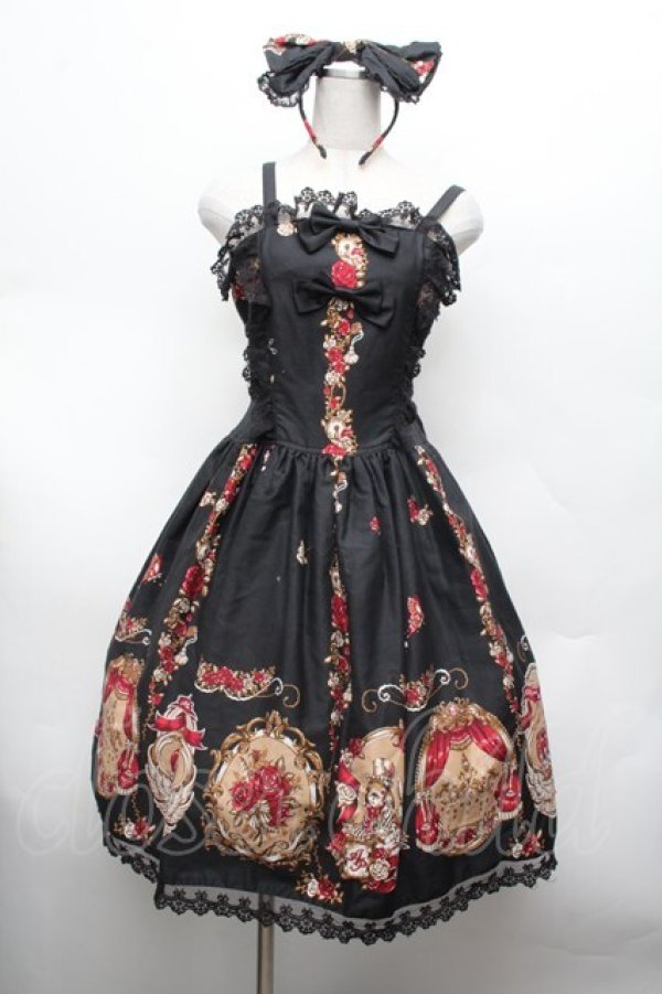 画像1: ALICE and the PIRATES / いばらうさぎのペイサージュ柄ジャンパースカートII型セット  黒 S-26-03-01-033-PA-OP-HR-ZS (1)