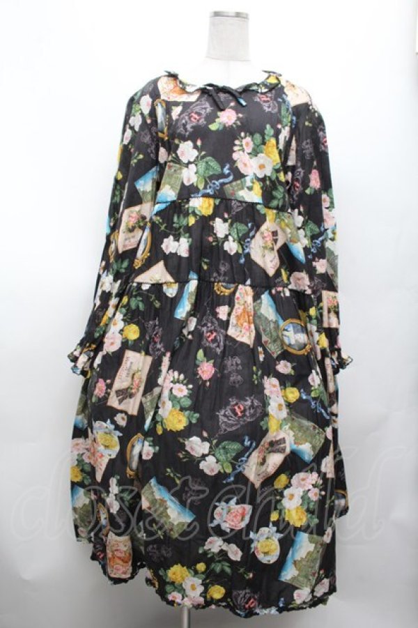 画像1: PINK HOUSE / ブーケモチーフプリントミディワンピース  黒 S-26-03-01-058-LO-OP-HR-ZS (1)