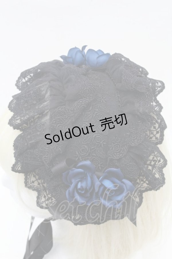 画像2: Moi-meme-Moitie / ローズクロスアーチヘッドドレス  黒ｘ黒リボンｘ青バラ S-26-03-04-034-MO-AC-HR-ZS (2)