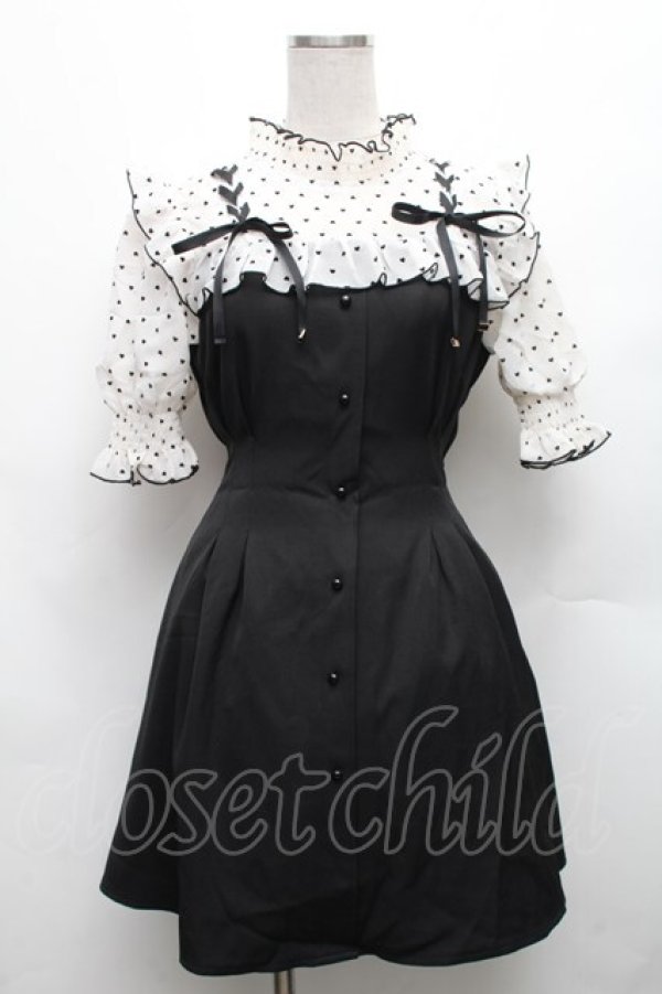 画像1: Rojita / ハートドットレースアップ半袖ワンピース  黒ｘオフ S-26-03-06-045-LO-OP-HR-ZS (1)