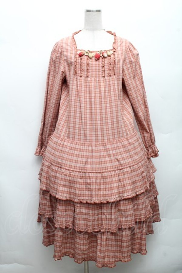 画像1: PINK HOUSE / いちご編みぐるみ段々チェックワンピース  ピンク S-26-03-08-037-LO-OP-AS-ZS (1)