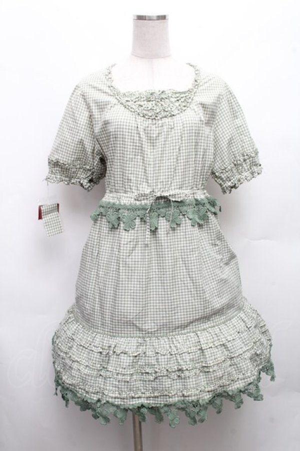 画像1: PINK HOUSE / クローバーレースギンガムワンピース  グリーン S-26-03-08-038-LO-OP-AS-ZS (1)