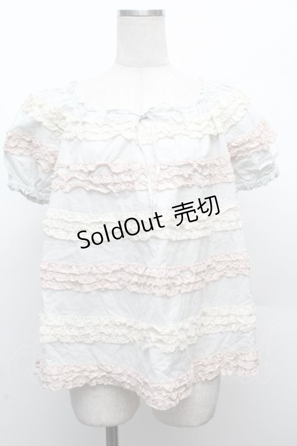 画像1: PINK HOUSE / ピコフリルボーダー半袖ブラウス  グレー S-26-03-08-023-LO-BL-AS-ZS (1)