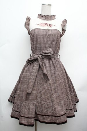 画像: axes femme POETIQUE / バラ刺繍入りチェックワンピース  ブラウン S-26-03-14-031-AX-OP-HR-ZS