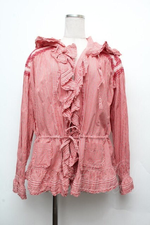画像1: PINK HOUSE / ギンガムチェックオーバーブラウス  赤ｘ白 S-26-03-14-035-LO-BL-AS-ZS (1)
