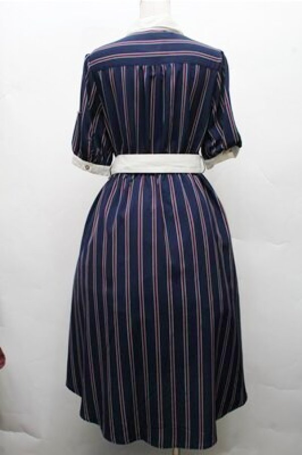画像2: axes femme / マルチストライプ柄シャツワンピース  紺ｘオフ S-26-03-15-055-AX-OP-HR-ZS (2)