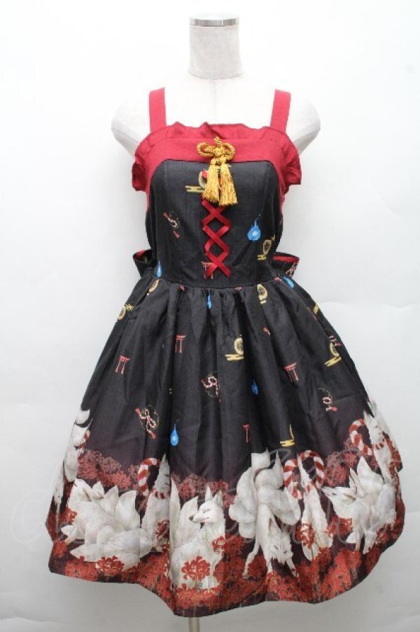 画像1: axes femme kawaii / 彼岸の白狐会柄ジャンスカ  黒 S-26-03-24-004-AX-OP-AS-ZS (1)
