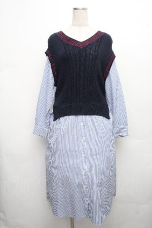 画像: Jane Marple Dans Le Salon / Tilden vest and stripe trompe-l'oeil dress  サックスｘ紺 S-26-04-01-016-JM-OP-AS-ZS