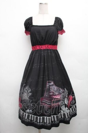 画像: Moi-meme-Moitie / チェンバロ三重奏プリントサテンロング半袖ワンピース  黒ｘワイン S-26-04-01-025-MO-OP-AS-ZS