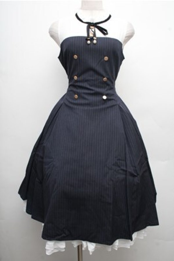 画像1: 中国ロリータ / ヨーク切替ワンピース  紺ｘ白 S-26-04-06-055-LO-OP-AS-ZS (1)