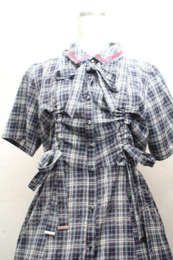 画像2: axes femme / リボンｘチェック柄ワンピース  ブルー S-26-04-12-038-AX-OP-HR-ZS (2)