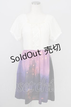 画像: 【SALE】axes femme POETIQUE / パフ袖パネル柄ワンピース  アイボリーＸ紫 T-23-12-10-004-AX-OP-HD-ZT162