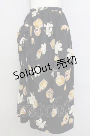 画像: 【SALE】KANEKO ISAO / クチナシ&香水瓶柄スカート  黒Ｘブラウン T-24-01-16-035-EL-SK-HD-ZT402
