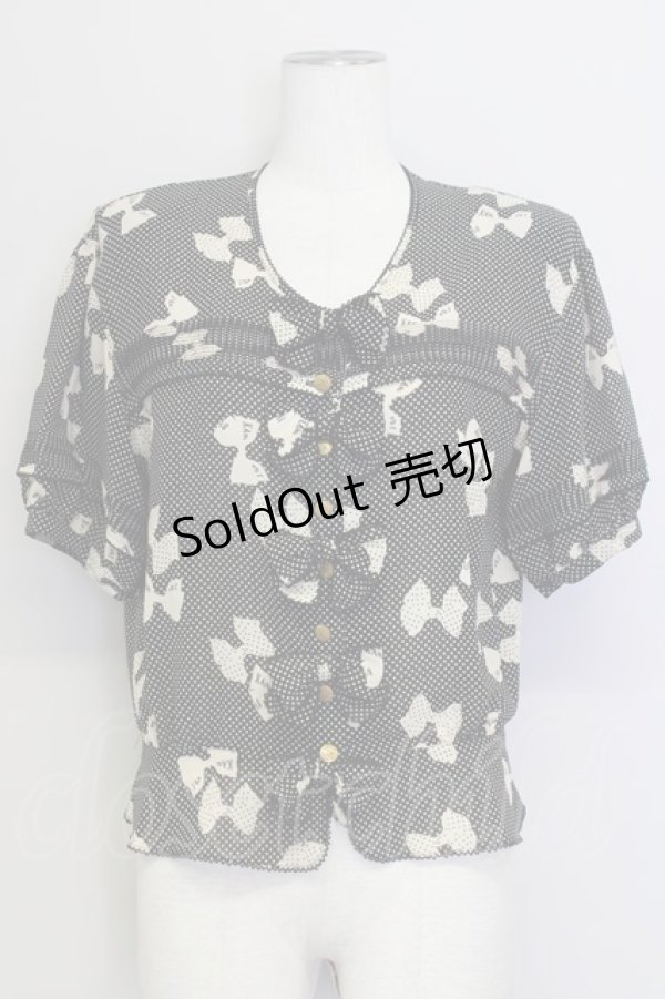 画像1: KANEKO ISAO / シルエットリボンドット半袖ブラウス  黒Ｘアイボリー T-24-01-16-006-EL-BL-HD-ZT372 (1)