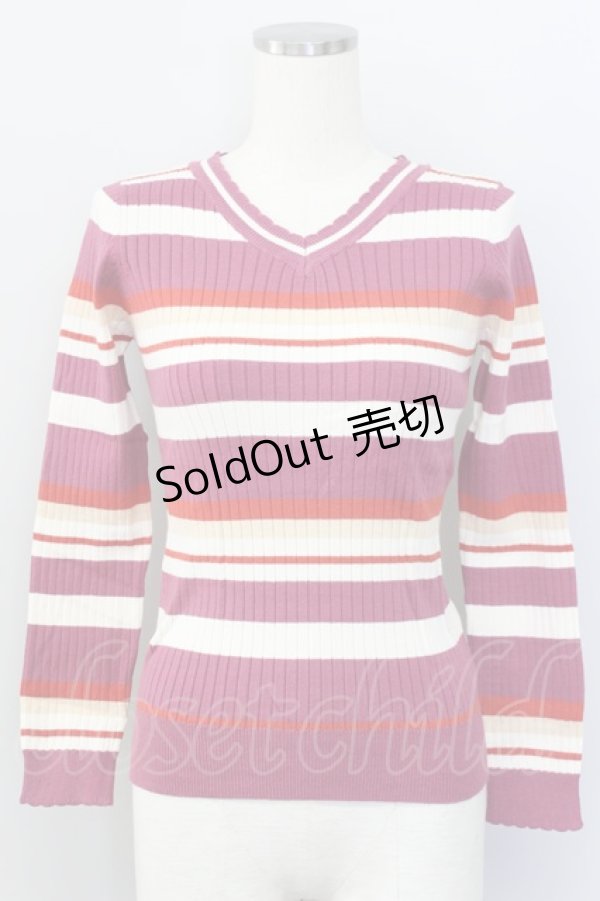 画像1: F i.n.t / マルチボーダーVネックニットプルオーバー  紫XオレンジXベージュ T-24-02-10-019-CA-TO-HD-ZT366 (1)