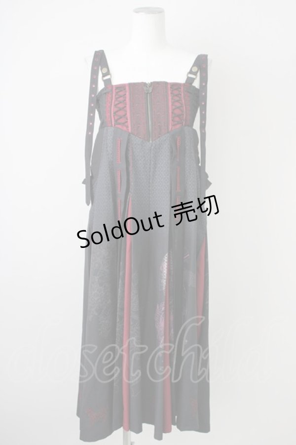 画像1: Ozz oneste / 和柄コルセット風袴パンツ  ブラック×ボルドー T-25-01-12-032-OO-PA-SA-ZI (1)
