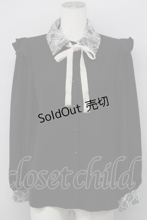 画像1: Rojita / レース配色シャツカラーブラウス  黒 T-25-01-24-007-LO-BL-SA-ZT390 (1)