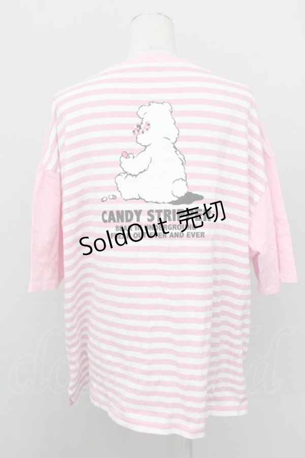 画像2: Candy Stripper / BEARボーダー半袖カットソー  ピンクＸ白 T-25-03-08-008-PU-TO-SA-ZI (2)