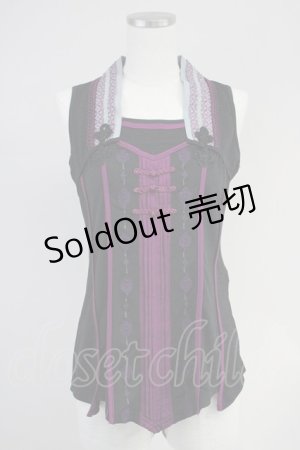 画像: Ozz oneste / サイドチャイナノースリーブトップス  黒Ｘ紫 T-25-03-17-002-OO-TO-SA-ZI