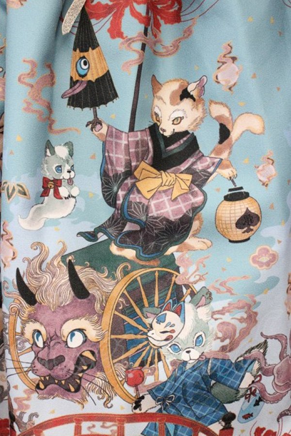 画像9: ALICE and the PIRATES / クリスの百鬼夜行〜宵に咲き誇る妖の華〜柄ハイウエストスカート  孔雀青 T-25-03-20-018-PA-SK-SA-ZT058 (9)