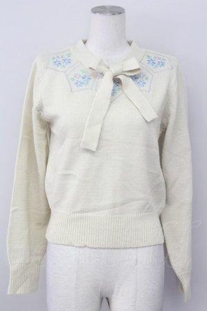 画像: F&A / 刺繍&ボウタイニット  オフホワイト T-25-03-30-003-LO-TO-SA-ZT089