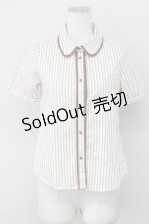画像: F i.n.t / ストライプ丸襟半袖ブラウス  ブラウン T-25-03-30-009-CA-BL-SA-ZT089