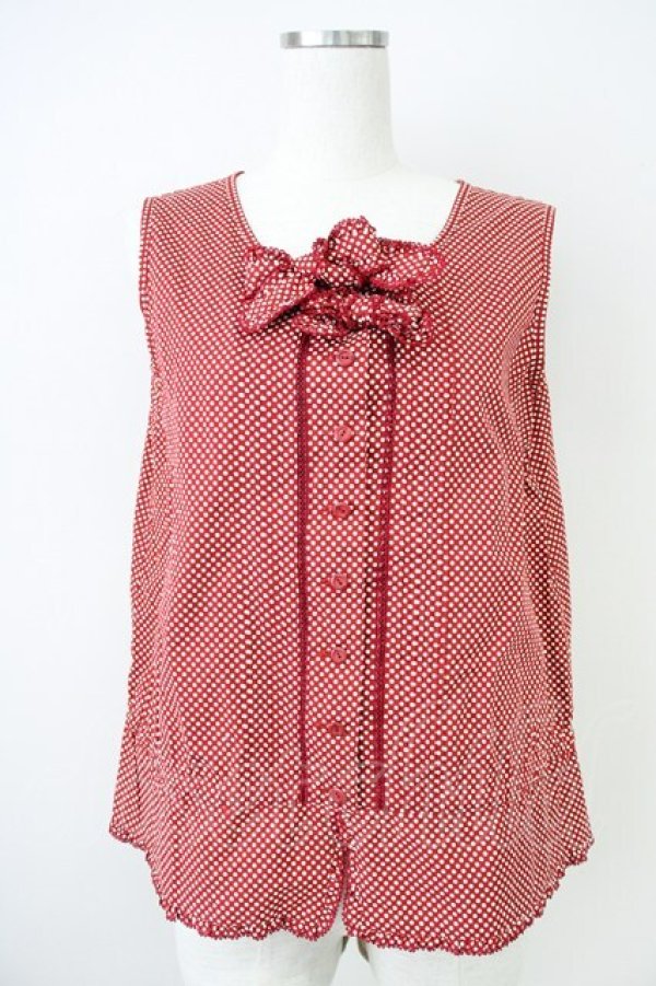 画像1: KETTY / リボンピンタックドットノースリーブブラウス  赤Ｘ白 T-25-04-21-012-EL-BL-SA-ZI (1)