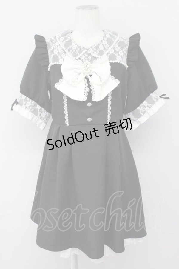 画像1: DearMyLove / レース重ねパールリボンお嬢様ワンピース LL 黒Ｘ白 T-25-04-23-011-EL-OP-SA-ZI (1)