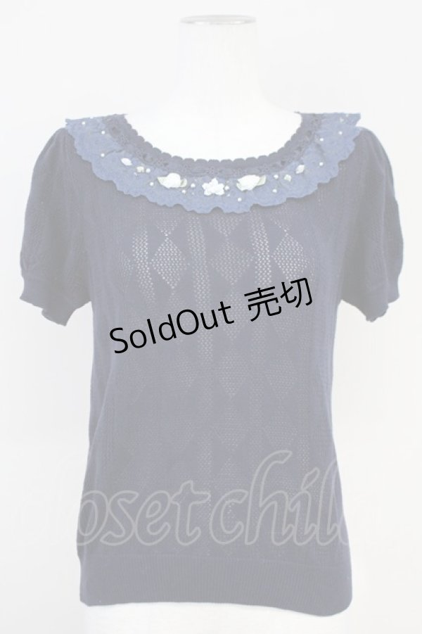 画像1: axes femme / 巻き薔薇透かし半袖ニットトップス  ネイビー T-25-05-16-017-AX-TO-SA-ZT (1)