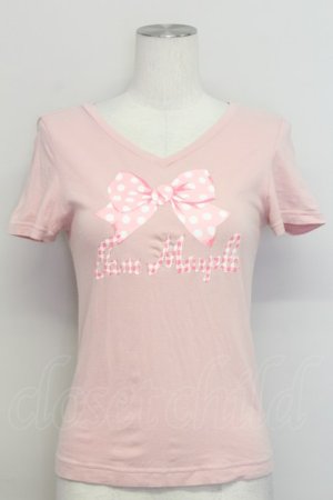 画像: Jane Marple / ドットリボン&ギンガムロゴ半袖カットソー  ピンクＸ白 T-25-06-06-014-JM-TO-SA-ZT