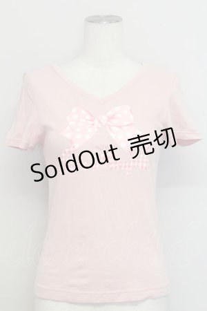 画像: Jane Marple / ドットリボン&ギンガムロゴ半袖カットソー  ピンクＸ白 T-25-06-06-014-JM-TO-SA-ZT129