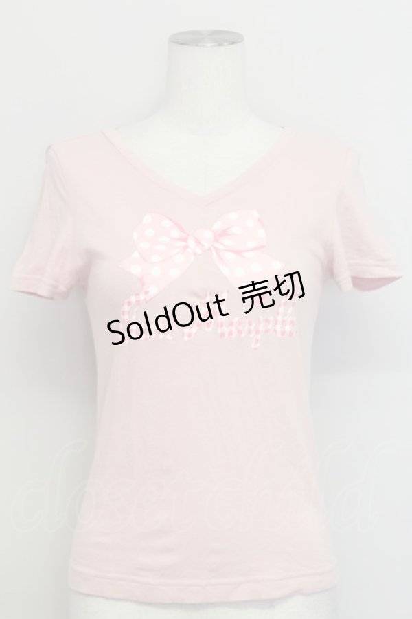 画像1: Jane Marple / ドットリボン&ギンガムロゴ半袖カットソー  ピンクＸ白 T-25-06-06-014-JM-TO-SA-ZT129 (1)