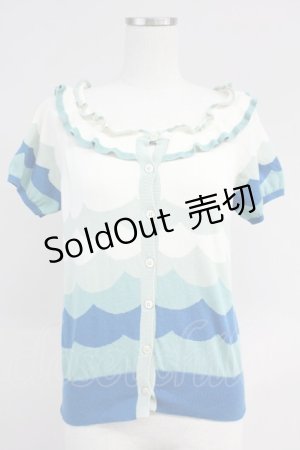 画像: Jane Marple / スカラップ風デザイン半袖ニットカーディガン  アイボリーＸ青 T-25-06-09-011-JM-TO-SA-ZT018